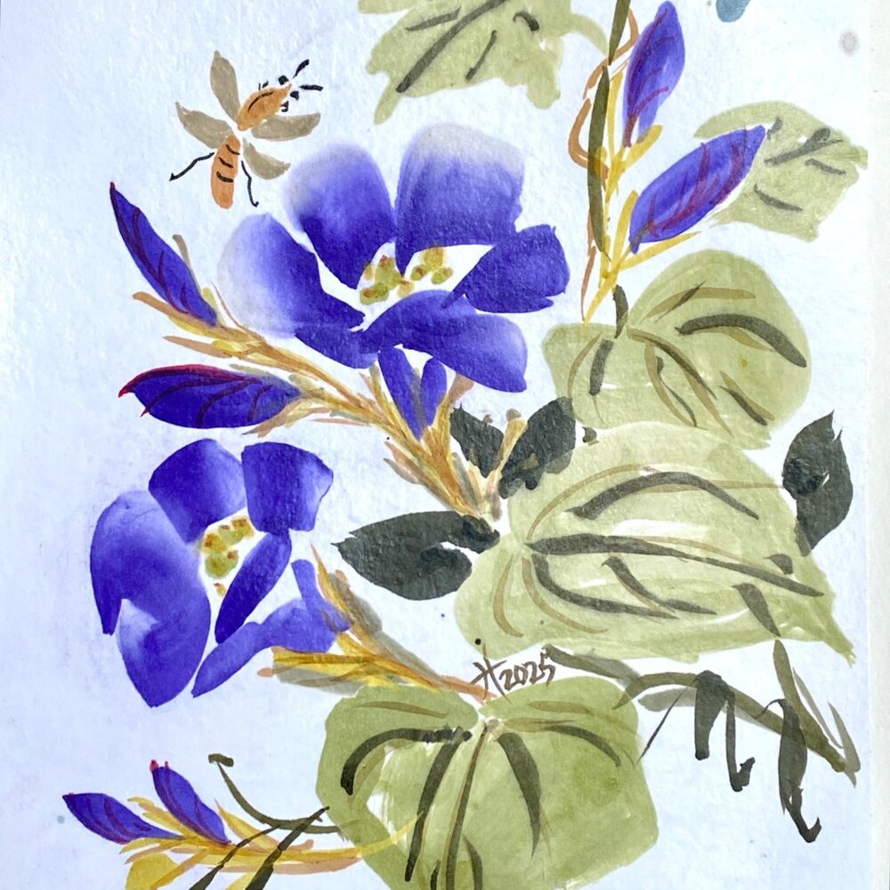 Purple Glories and Bee Original Watercolor Wall Art 11x14in Matted Frame Ready
